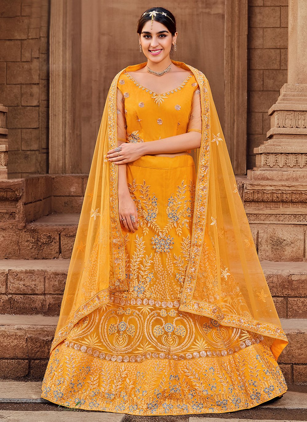 A Line Lehenga Net Mustard Embroidered Lehenga Choli