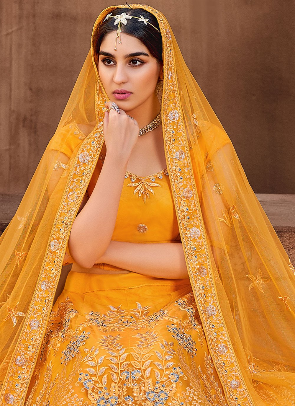 A Line Lehenga Net Mustard Embroidered Lehenga Choli