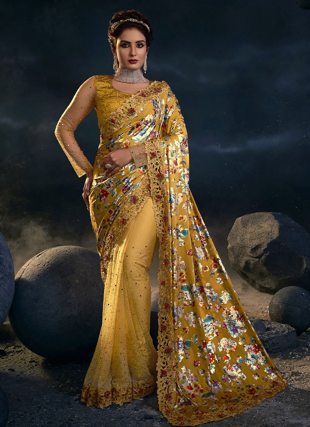 Classic Net Mustard Embroidered Saree