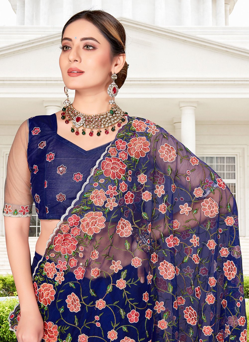 Classic Net Blue Embroidered Saree