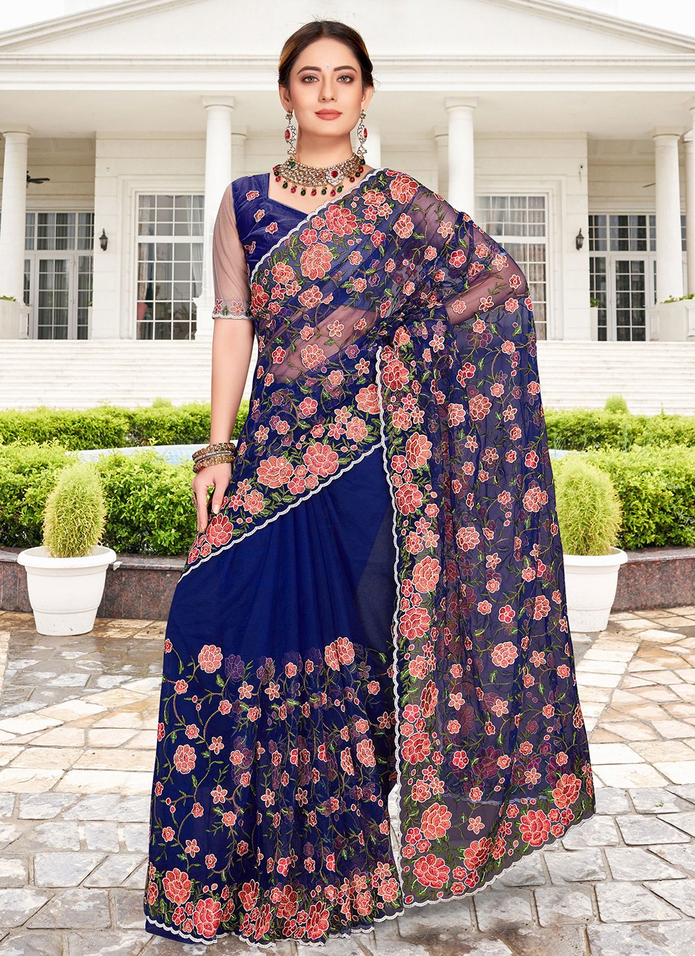 Classic Net Blue Embroidered Saree