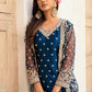 Jacket Style Suit Net Blue Embroidered Salwar Kameez