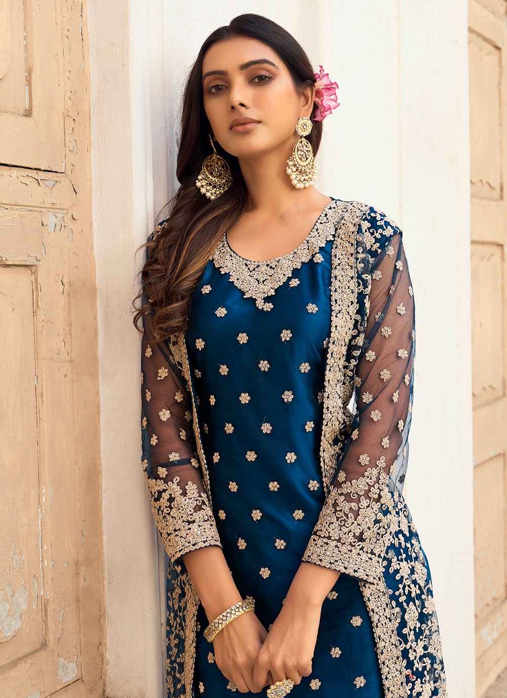 Jacket Style Suit Net Blue Embroidered Salwar Kameez