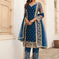 Jacket Style Suit Net Blue Embroidered Salwar Kameez