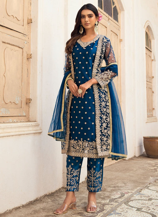 Jacket Style Suit Net Blue Embroidered Salwar Kameez