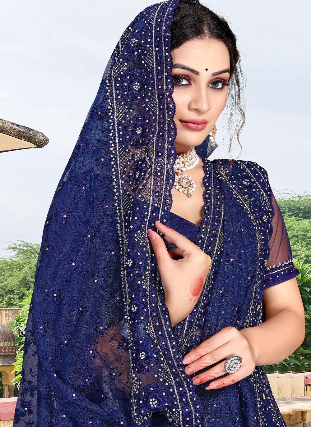 Classic Net Blue Diamond Saree