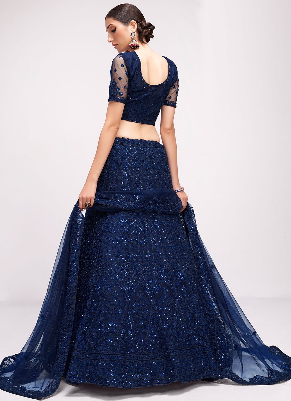 A Line Lehenga Net Blue Cord Work Lehenga Choli