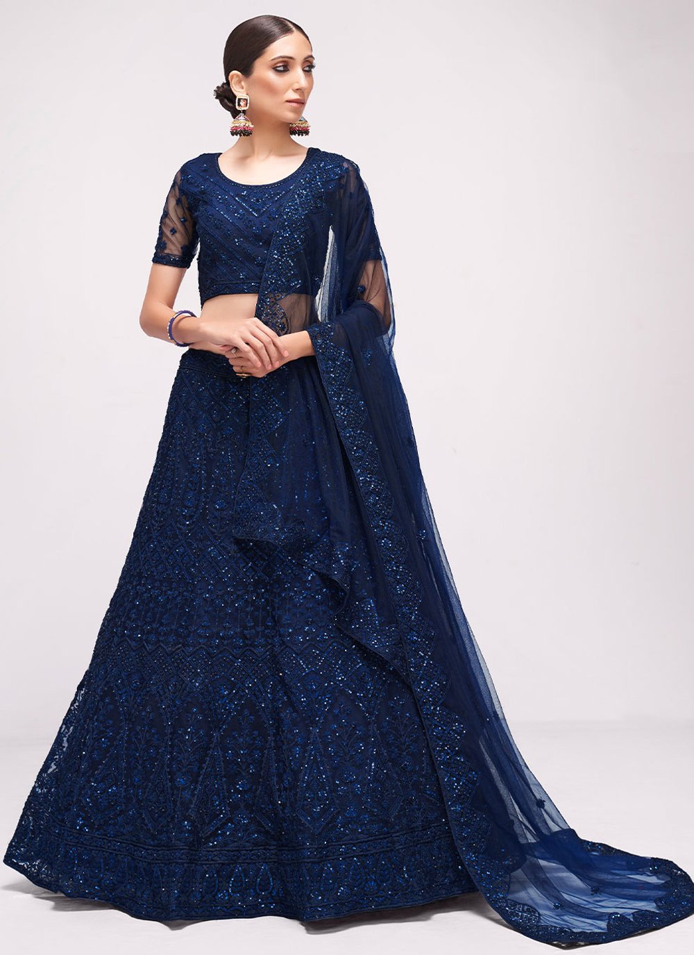 A Line Lehenga Net Blue Cord Work Lehenga Choli