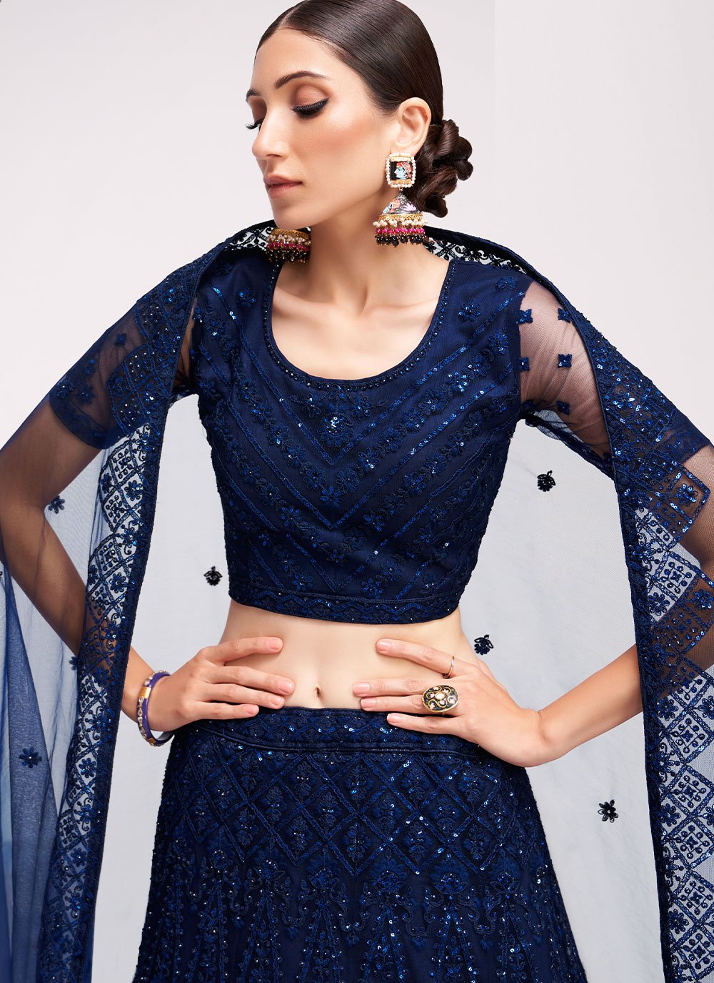 A Line Lehenga Net Blue Cord Work Lehenga Choli