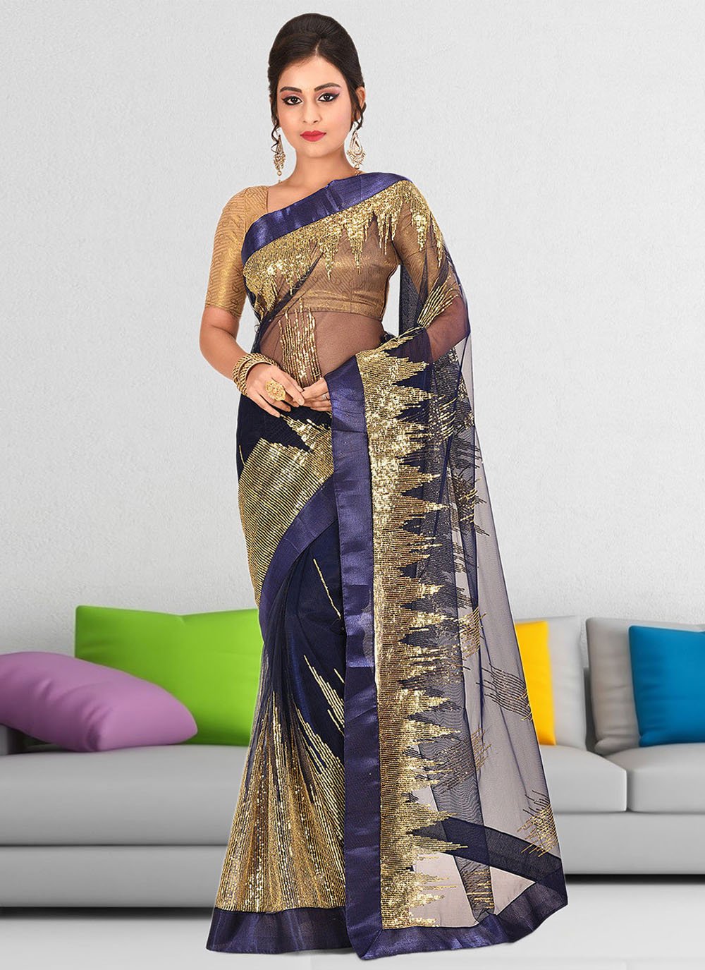 Classic Net Blue Sequins Saree