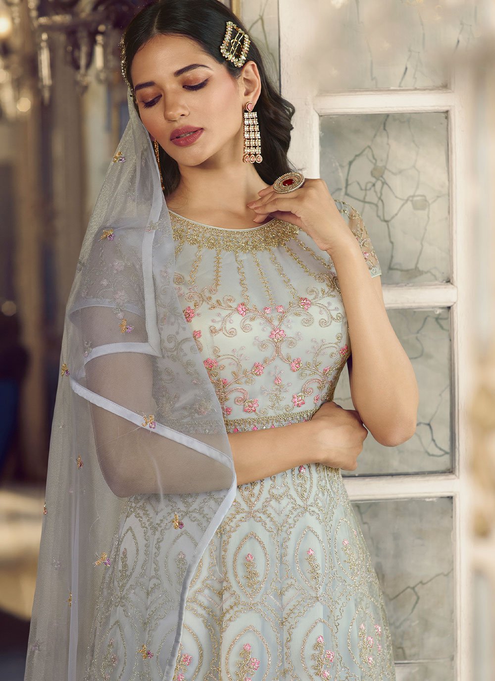 Anarkali Suit Net Off White Embroidered Salwar Kameez