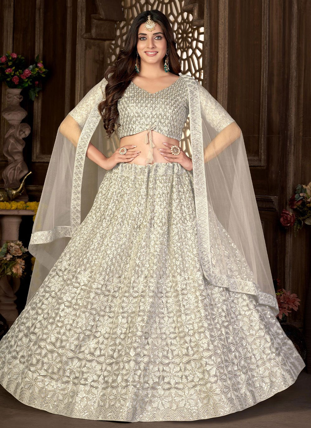 Lehenga Choli Net Off White Embroidered Lehenga Choli