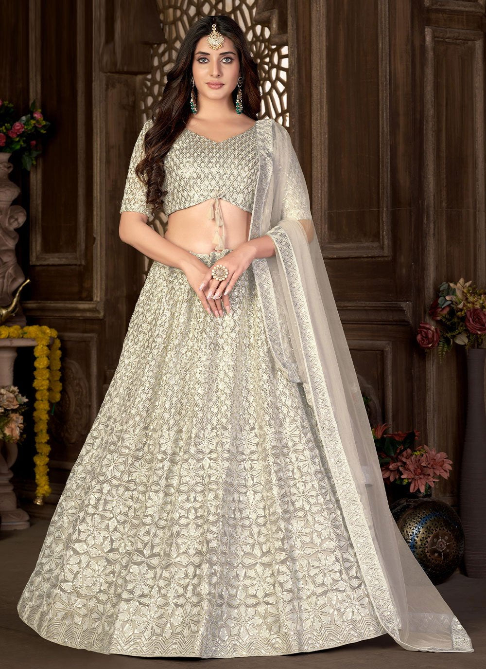 Lehenga Choli Net Off White Embroidered Lehenga Choli