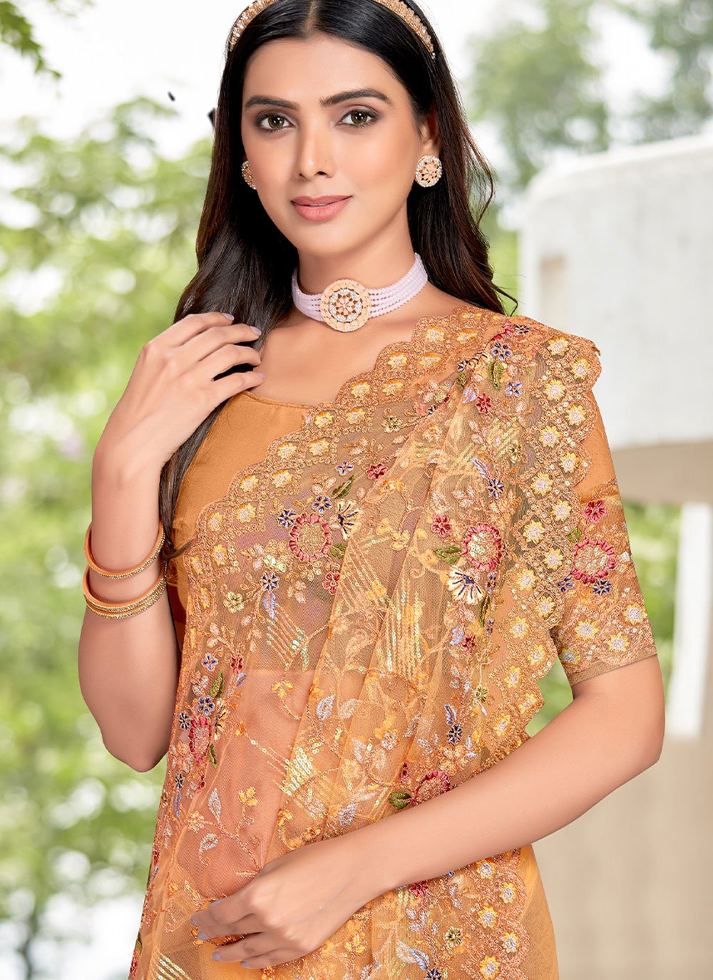 Classic Net Orange Embroidered Saree