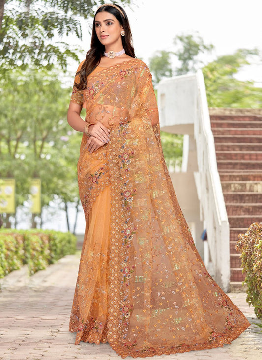 Classic Net Orange Embroidered Saree