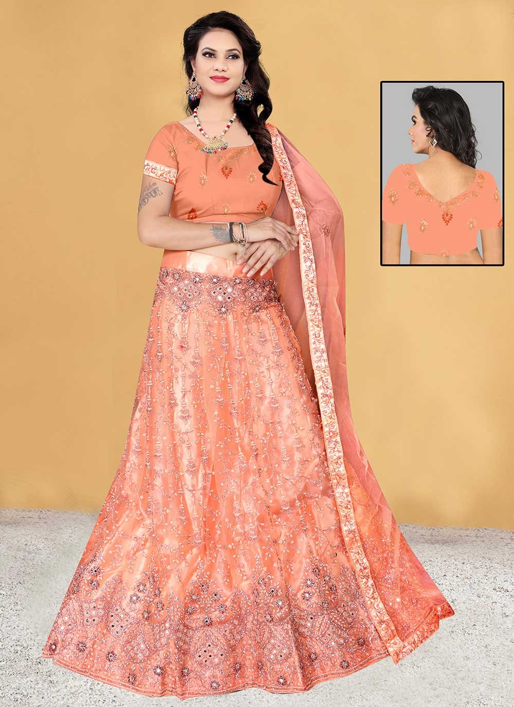 Lehenga Choli Net Orange Embroidered Lehenga Choli