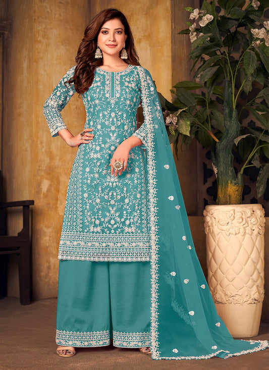 Palazzo Salwar Suit Net Sea Green Cord Work Salwar Kameez