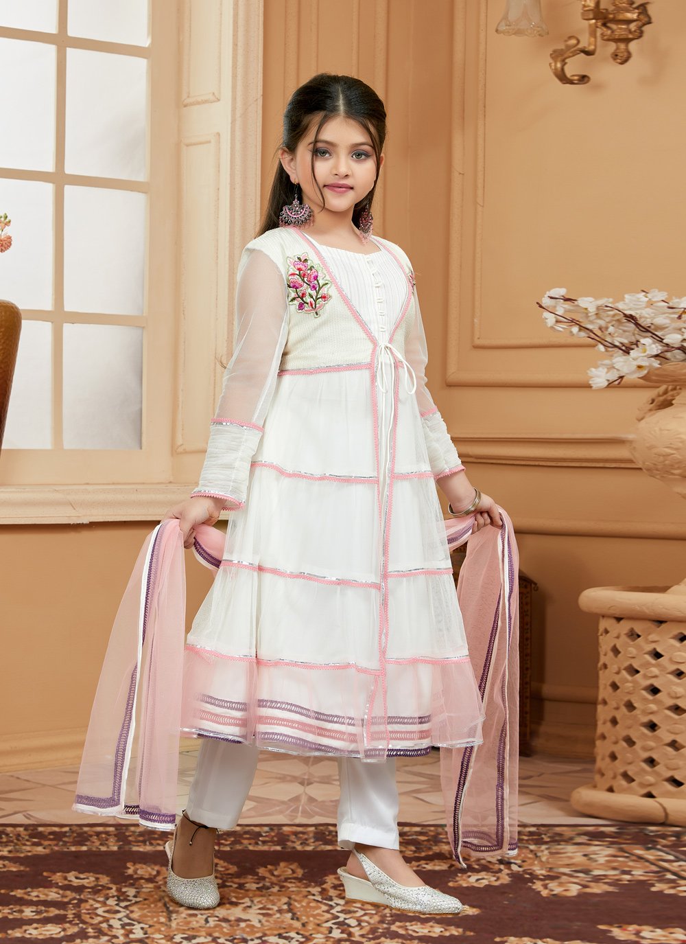 Pant Style Suit Net Off White Embroidered Kids
