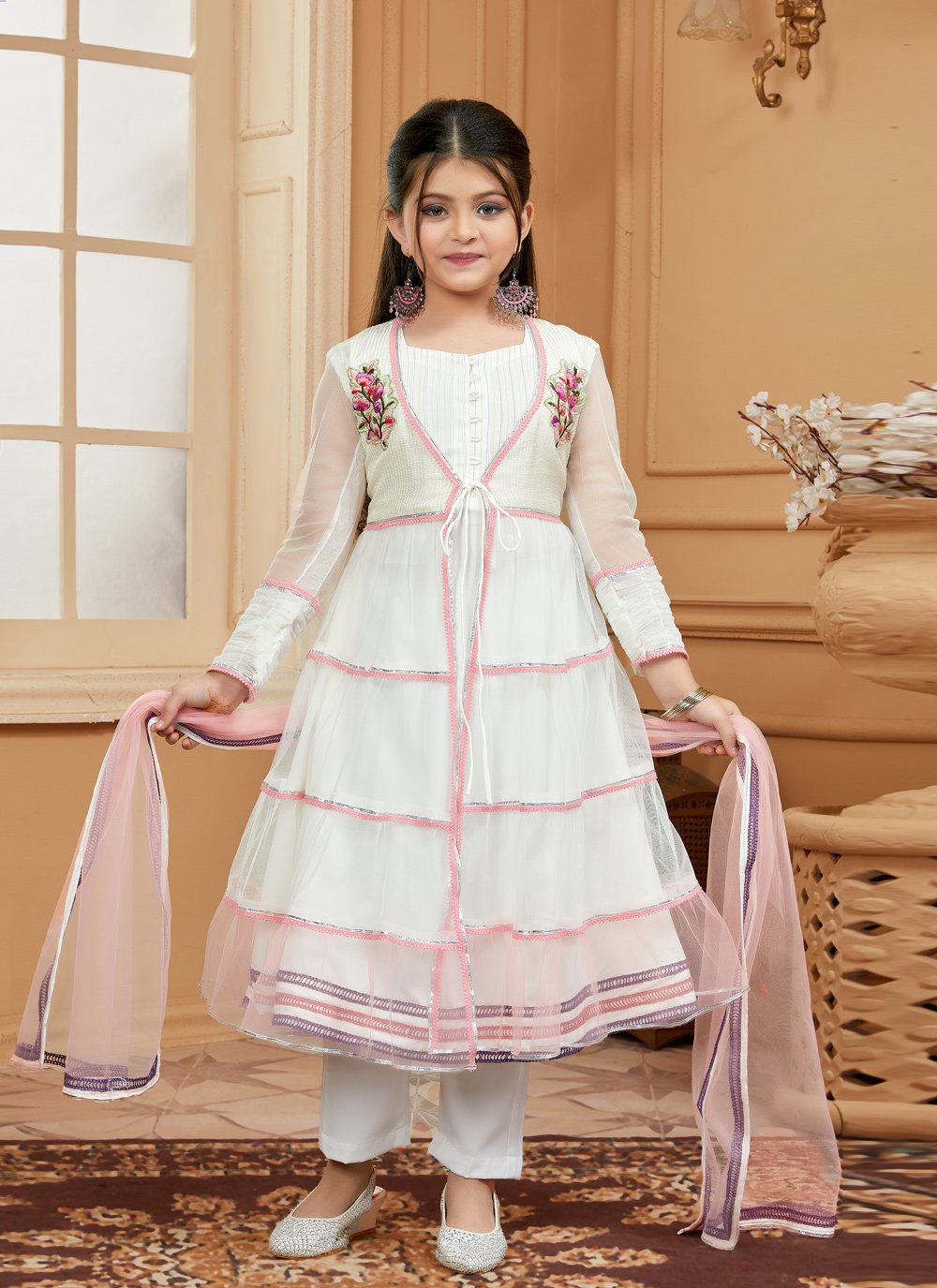 Pant Style Suit Net Off White Embroidered Kids