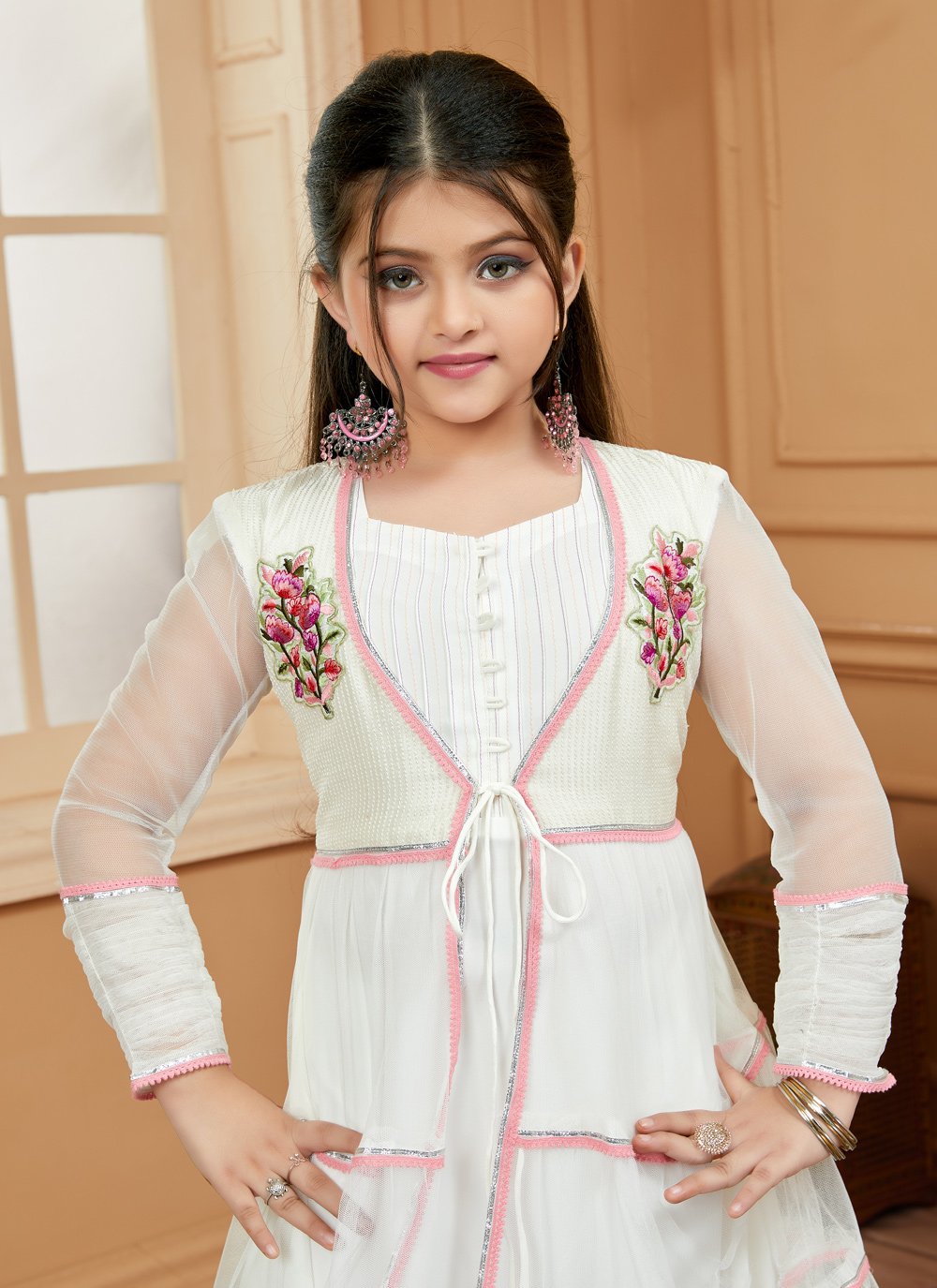 Pant Style Suit Net Off White Embroidered Kids