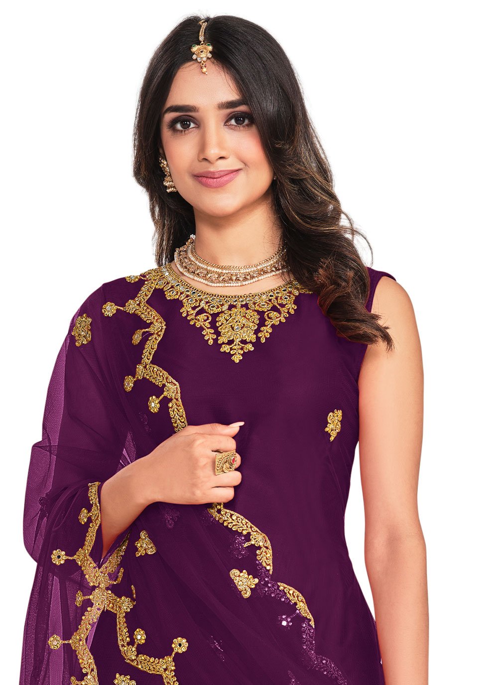 Pant Style Suit Net Purple Cord Work Salwar Kameez