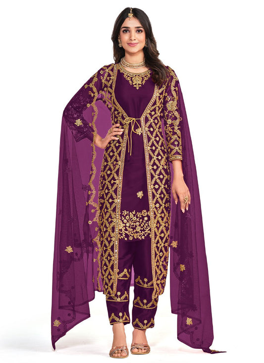 Pant Style Suit Net Purple Cord Work Salwar Kameez