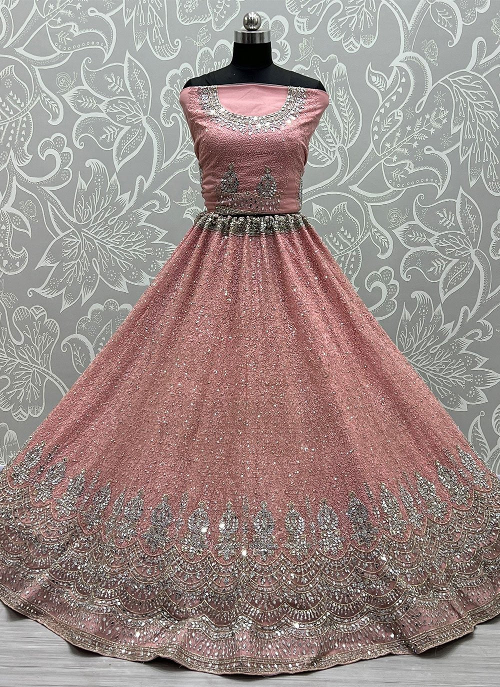 A Line Lehenga Net Peach Embroidered Lehenga Choli