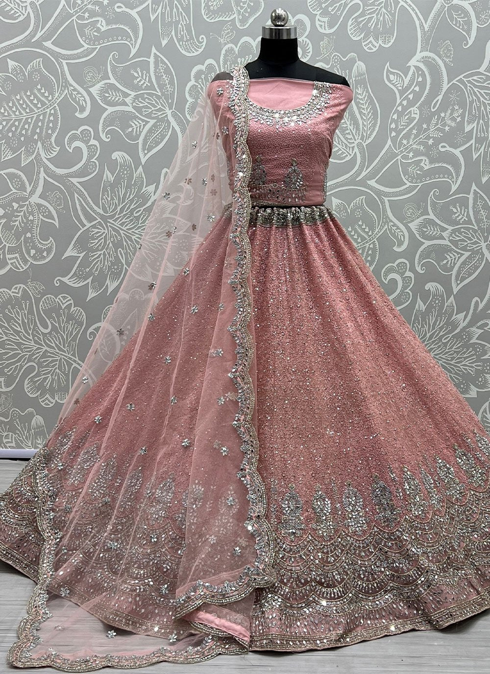 A Line Lehenga Net Peach Embroidered Lehenga Choli