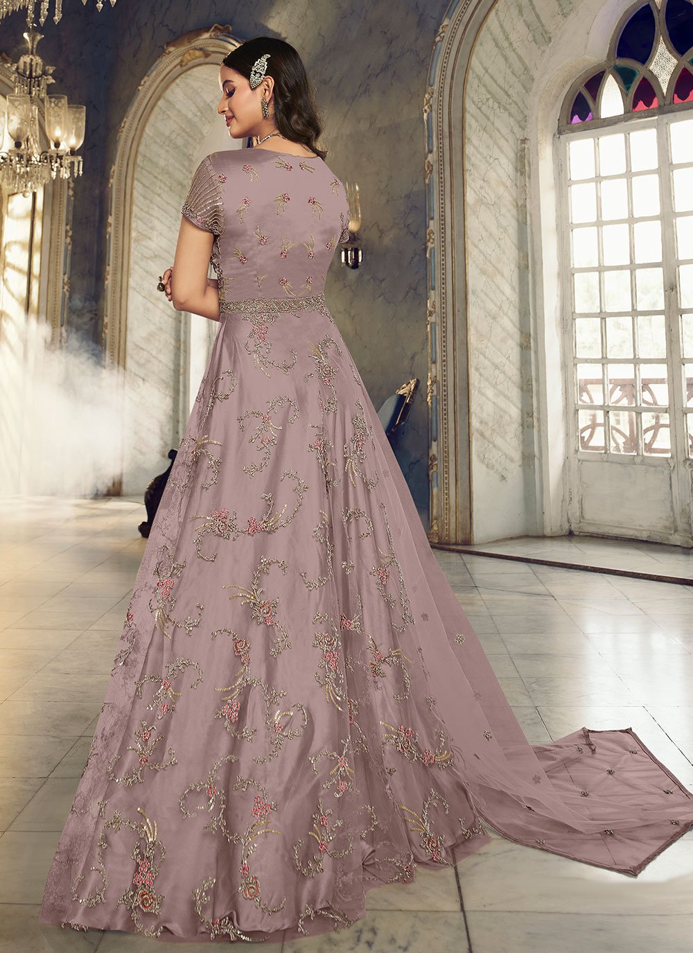 Anarkali Suit Net Mauve Embroidered Salwar Kameez