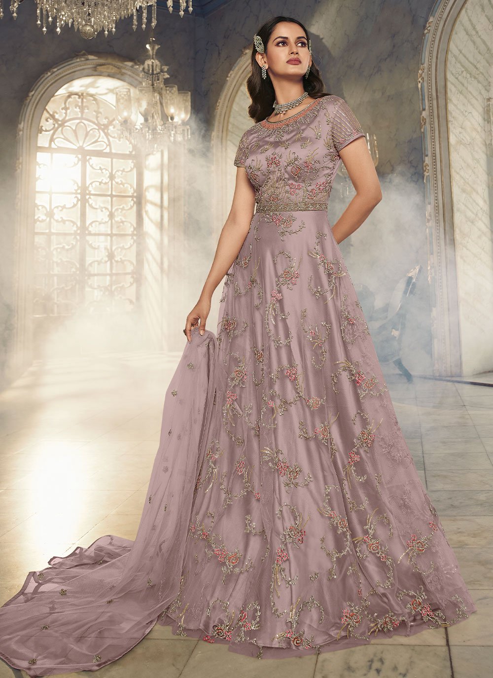 Anarkali Suit Net Mauve Embroidered Salwar Kameez