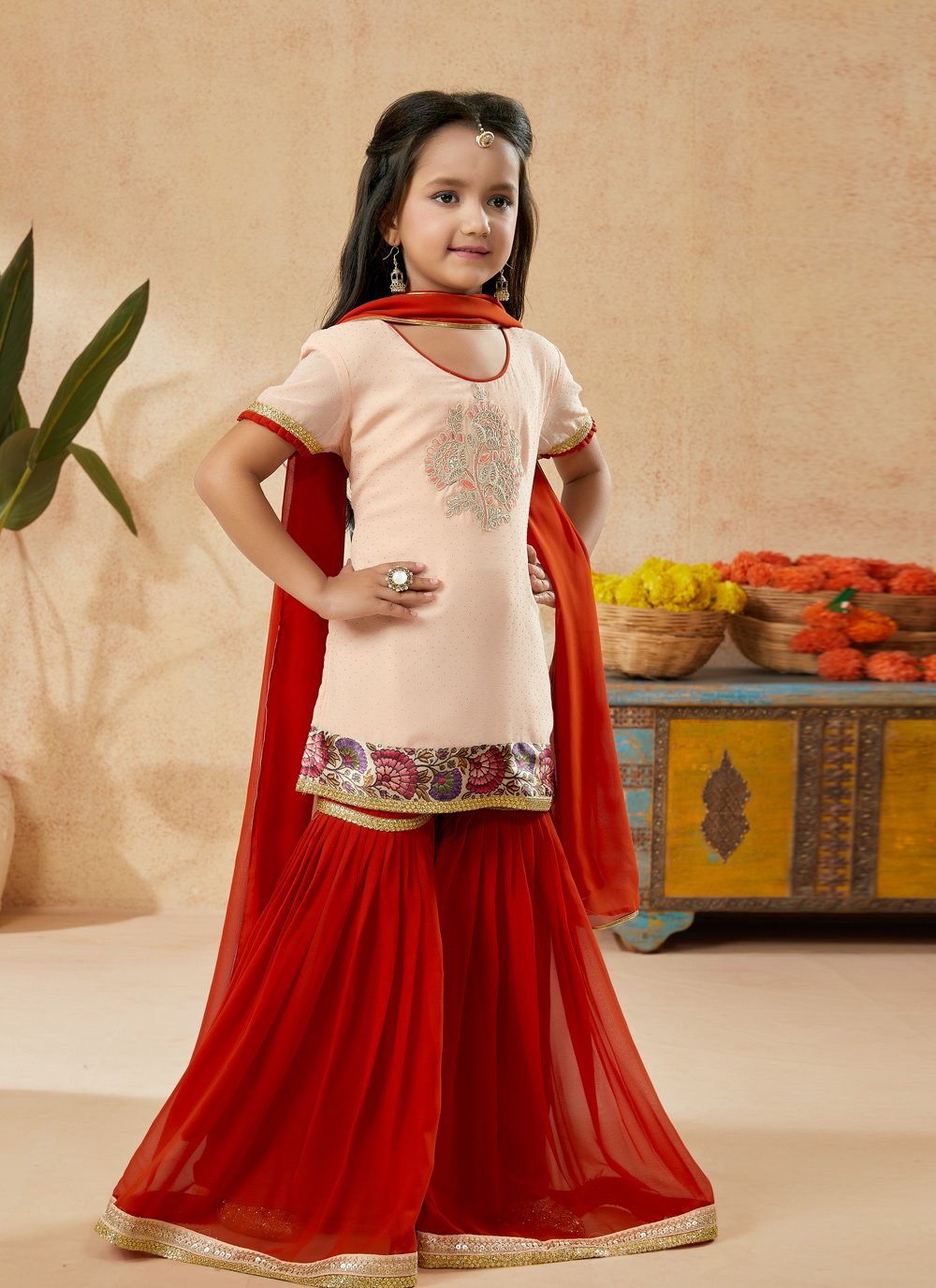 Sharara Set Net Cream Embroidered Kids