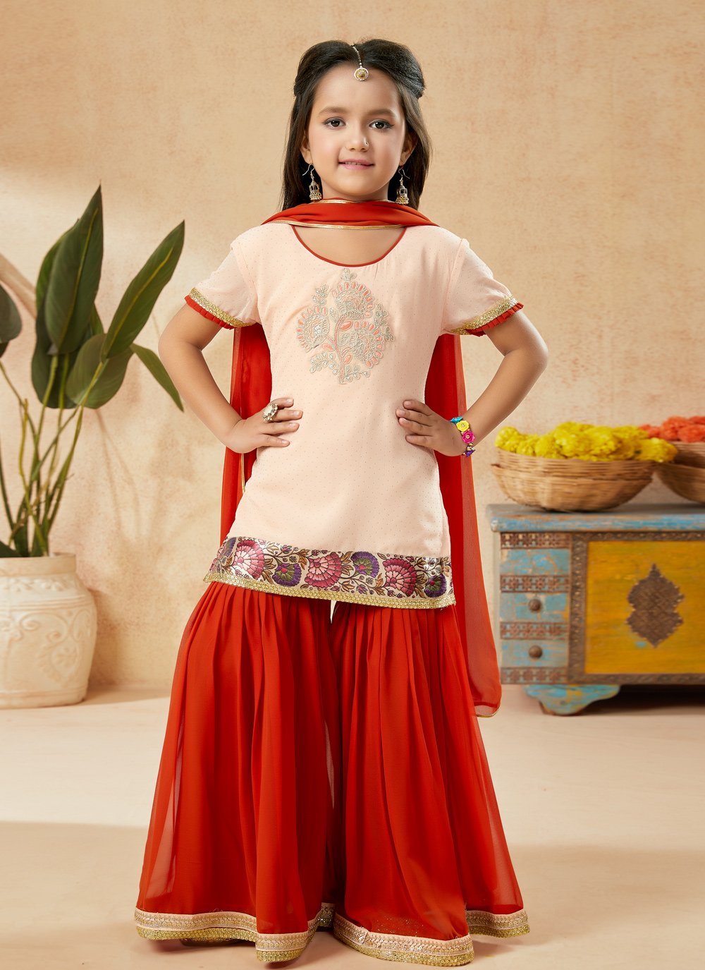 Sharara Set Net Cream Embroidered Kids