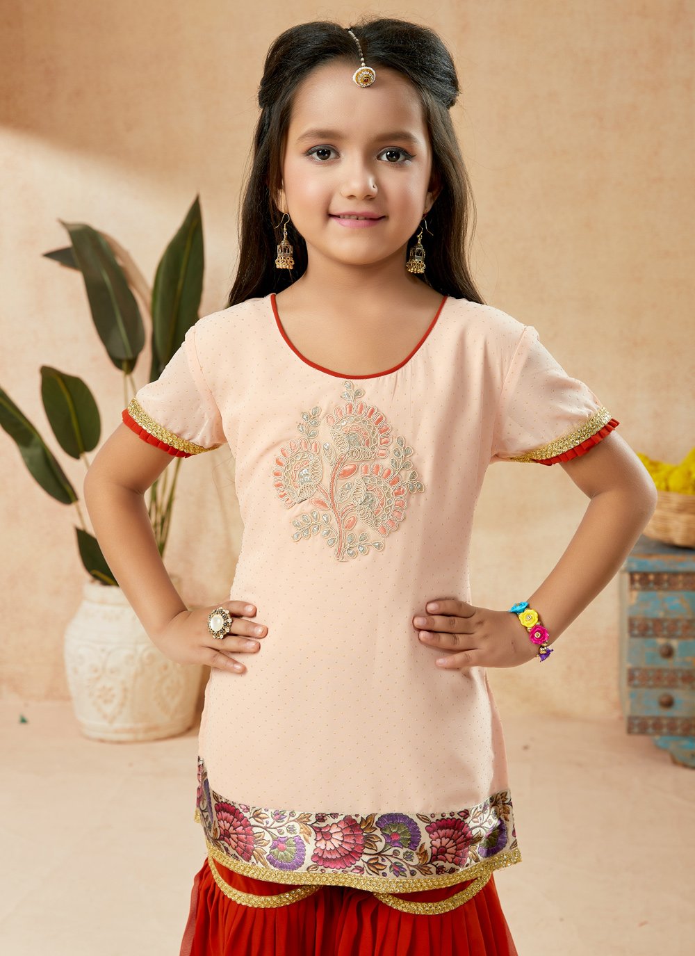 Sharara Set Net Cream Embroidered Kids