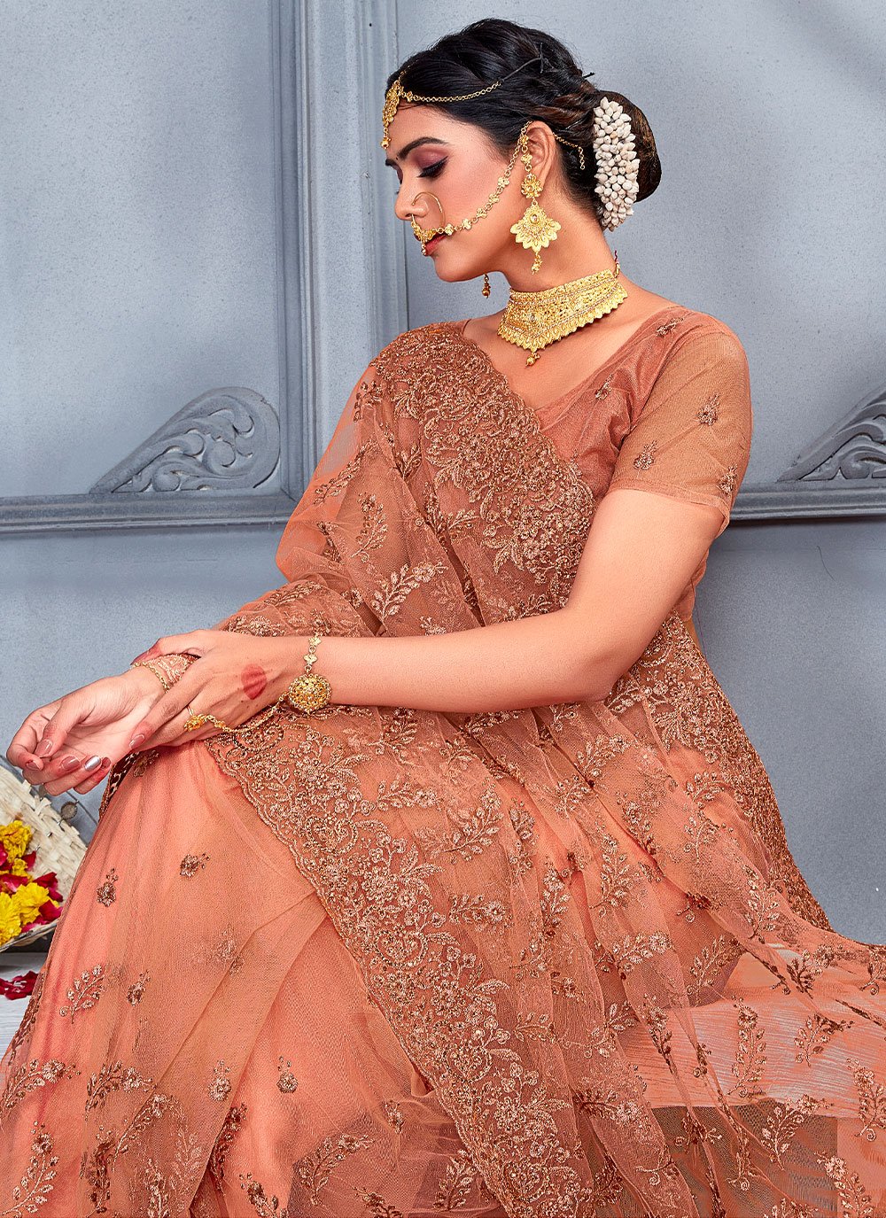 Classic Net Peach Embroidered Saree