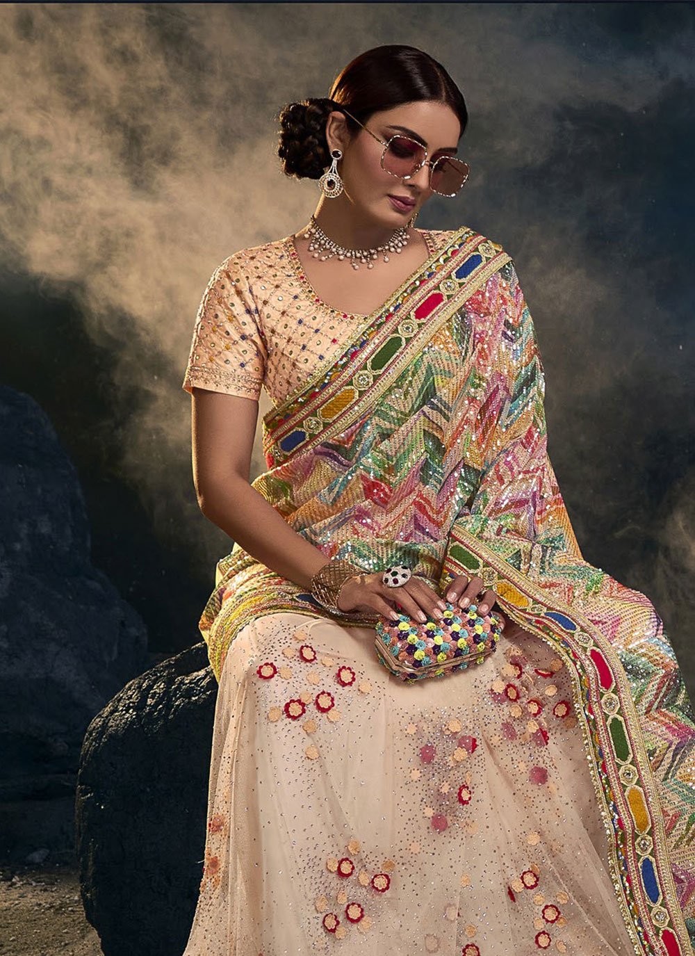 Classic Net Peach Embroidered Saree