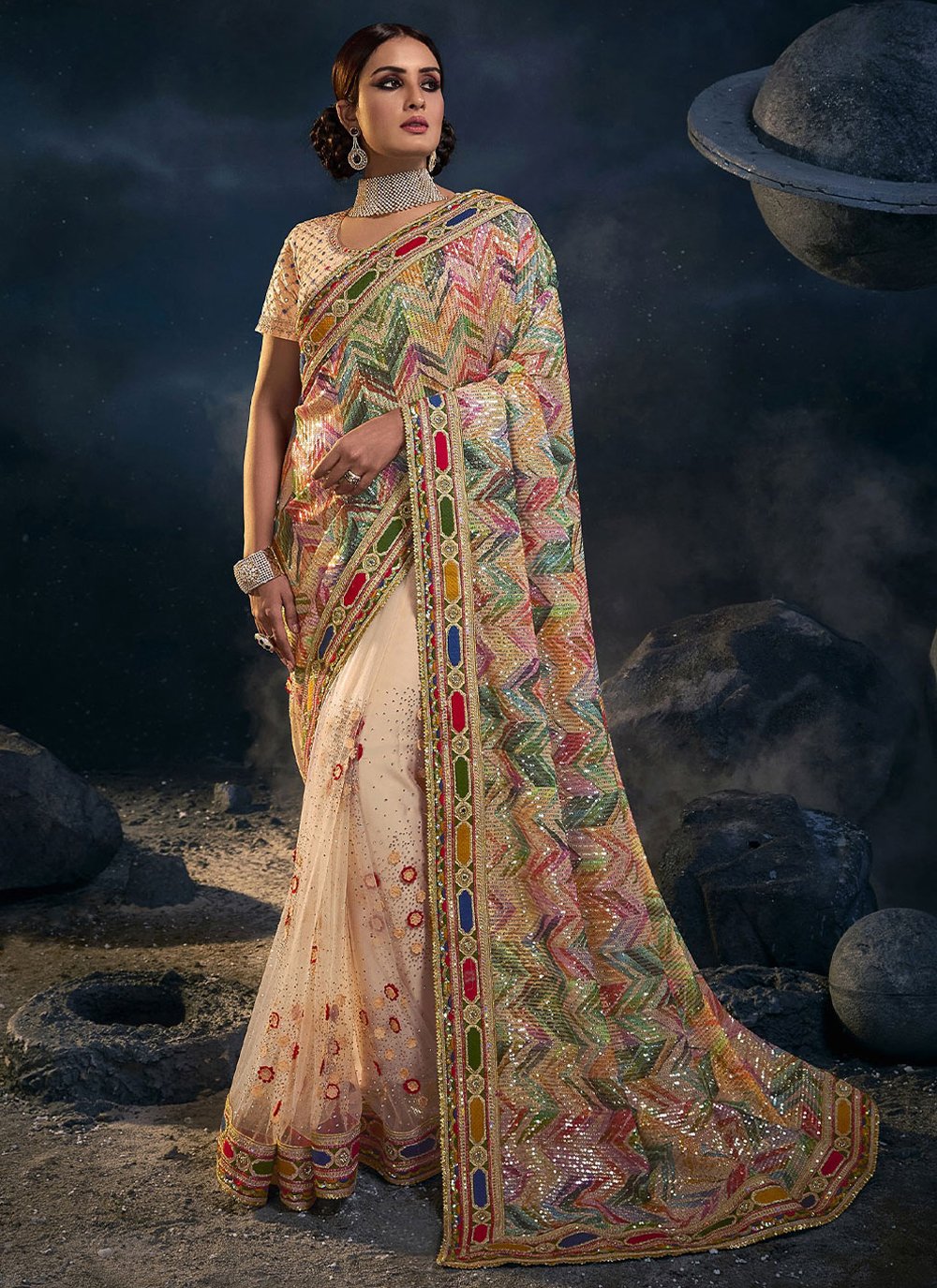 Classic Net Peach Embroidered Saree