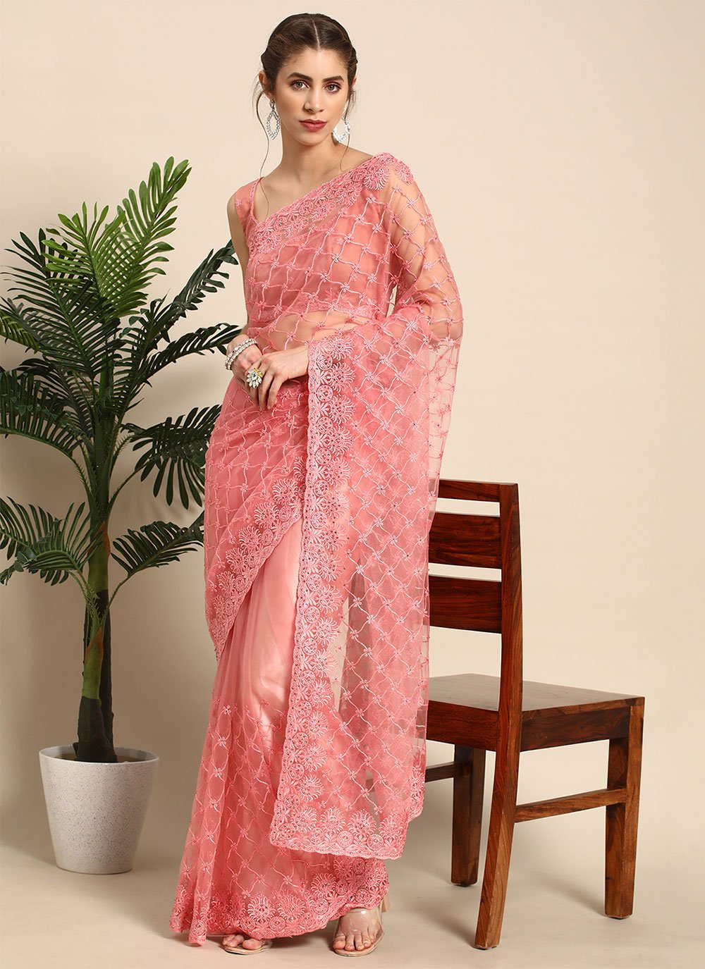 Classic Net Peach Embroidered Saree