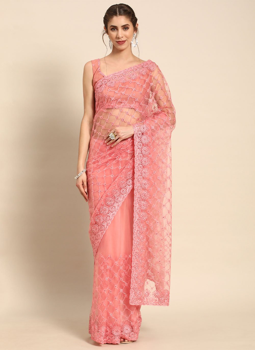 Classic Net Peach Embroidered Saree