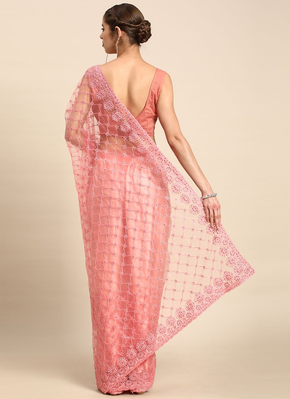 Classic Net Peach Embroidered Saree