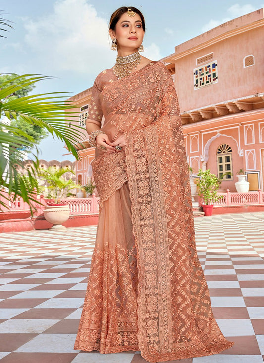 Contemporary Net Peach Embroidered Saree