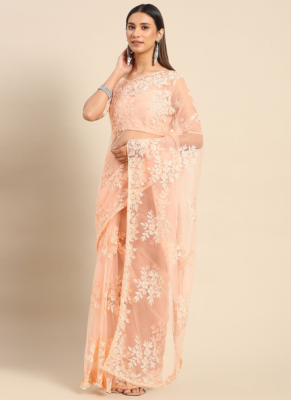 Contemporary Net Peach Embroidered Saree