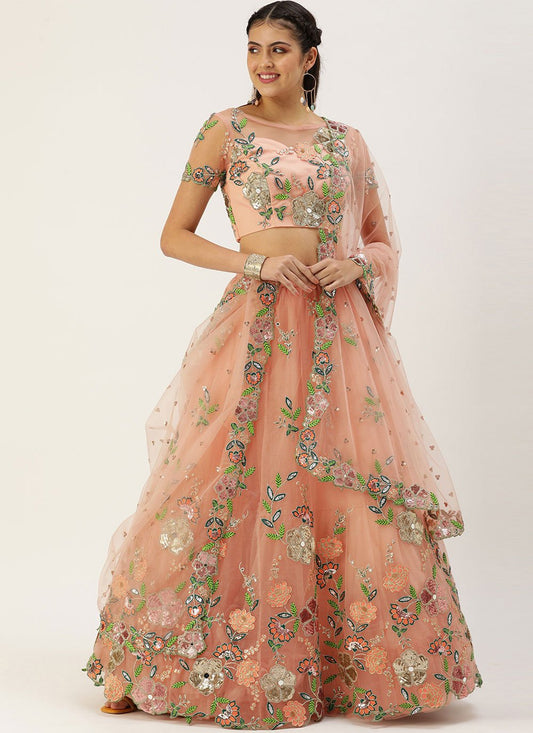 Lehenga Choli Net Peach Embroidered Lehenga Choli