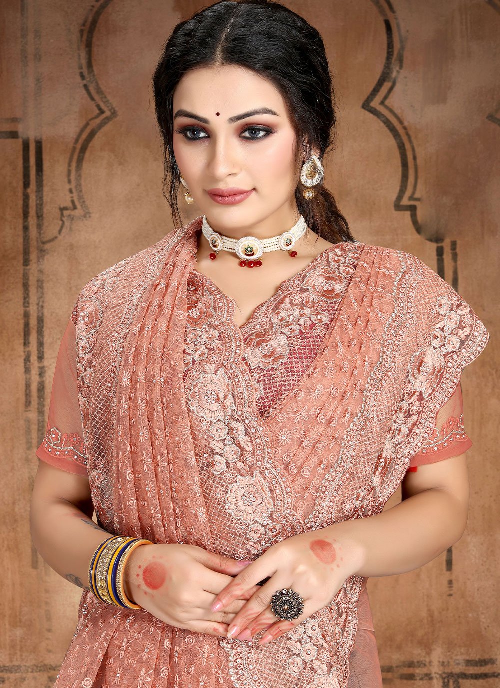 Trendy Saree Net Peach Diamond Saree