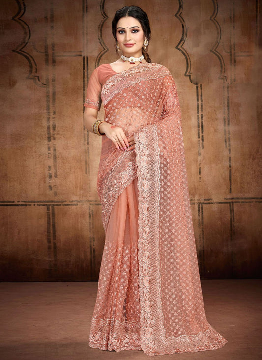 Trendy Saree Net Peach Diamond Saree