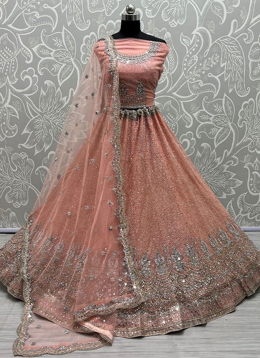 Lehenga Choli Net Peach Embroidered Lehenga Choli