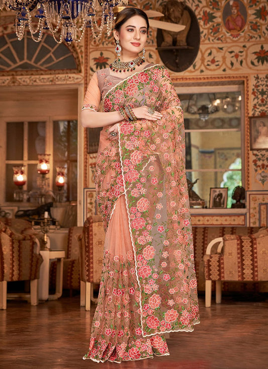 Designer Net Peach Embroidered Saree