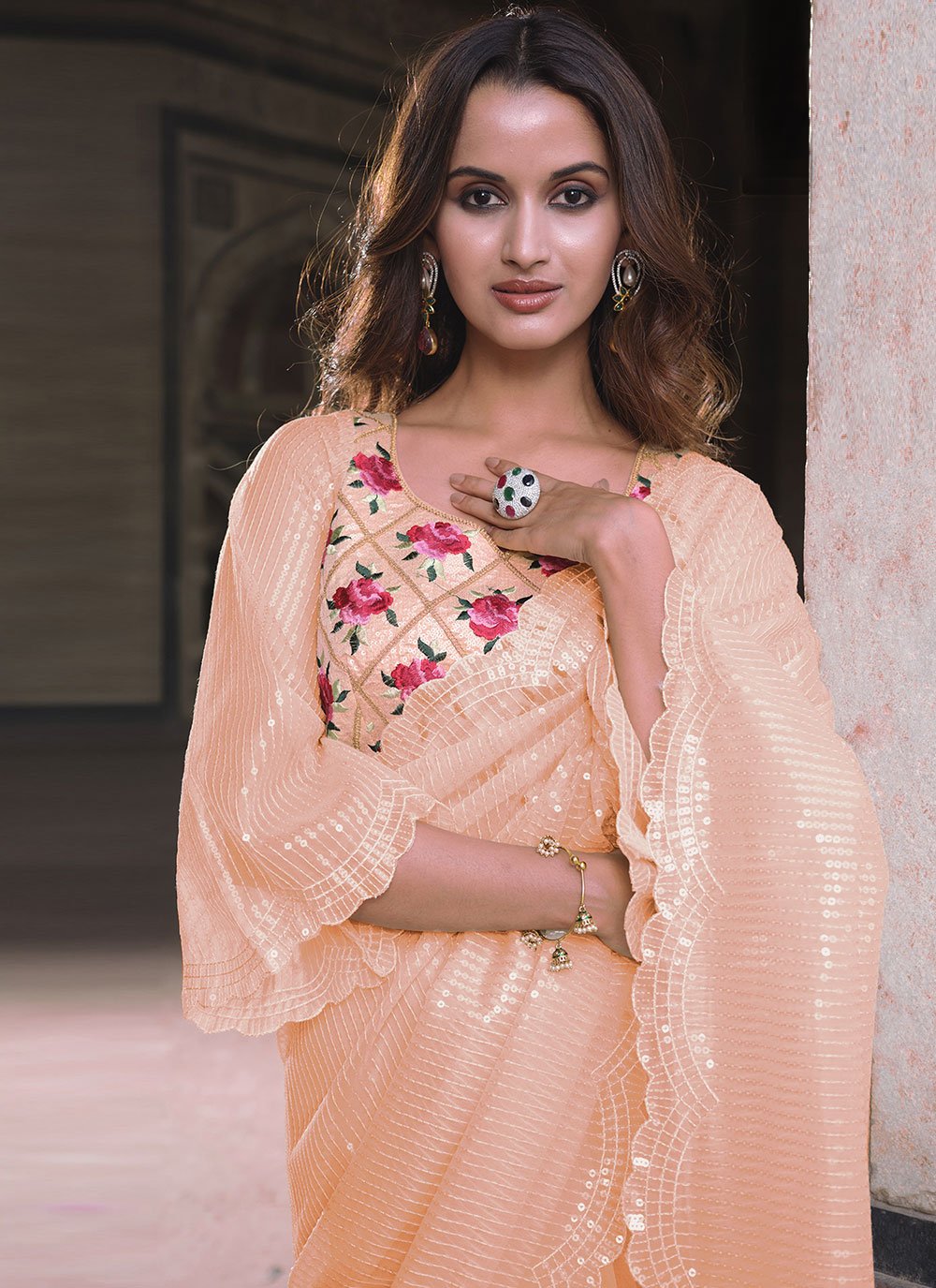 Trendy Saree Net Peach Embroidered Saree