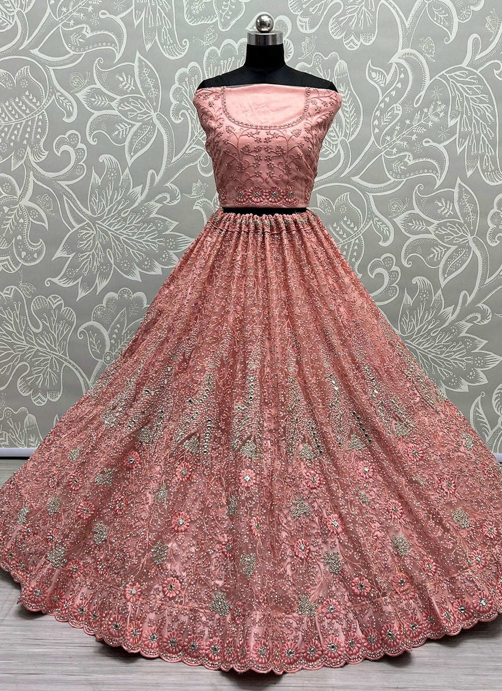 A Line Lehenga Net Peach Diamond Lehenga Choli