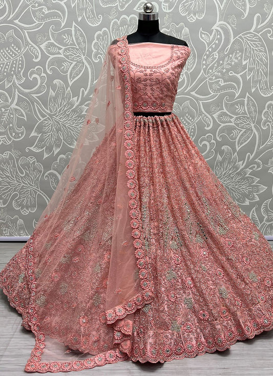 A Line Lehenga Net Peach Diamond Lehenga Choli