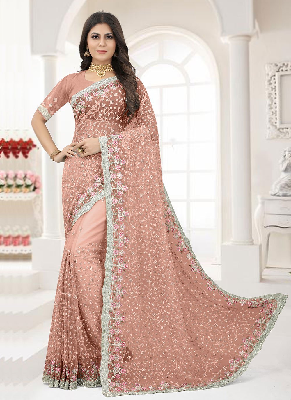 Trendy Saree Net Peach Embroidered Saree